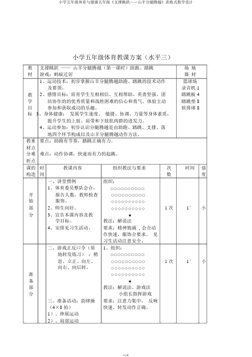 小学五年级体育与健康五年级《支撑跳跃——山羊分腿腾越》表格式教学设计