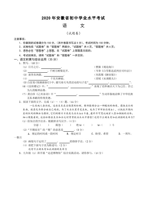 2020年安徽省中考语文试题试题卷及答word版精校无差错