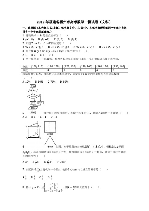 数学_2012年福建省福州市高考数学一模试卷(文科)(含答案)