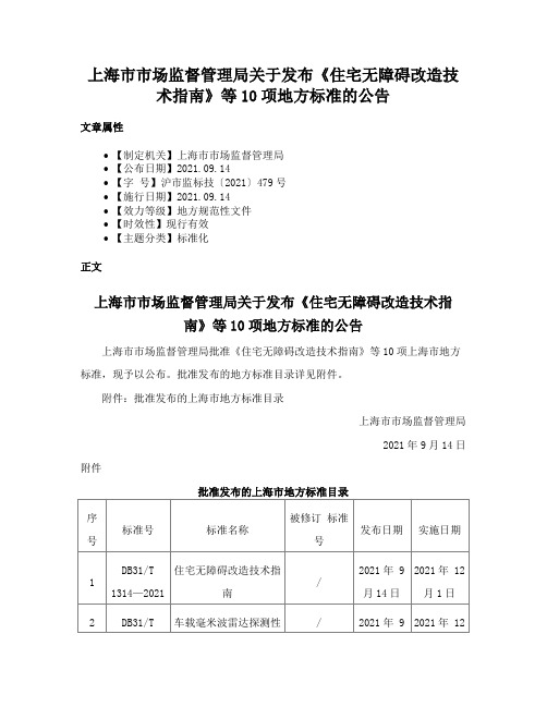 上海市市场监督管理局关于发布《住宅无障碍改造技术指南》等10项地方标准的公告