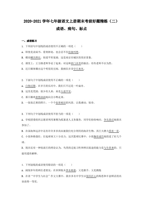 江苏省南京市-学年七年级语文上册期末考前好题精练（2）—成语病句标点（含答案）