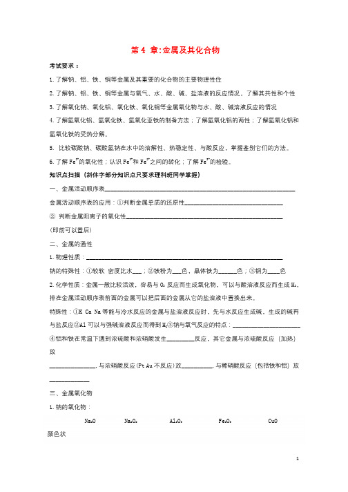 辽宁省抚顺市高中化学学业水平会考知识点整理校本材料专题4金属及其化合物学案新人教版201809041