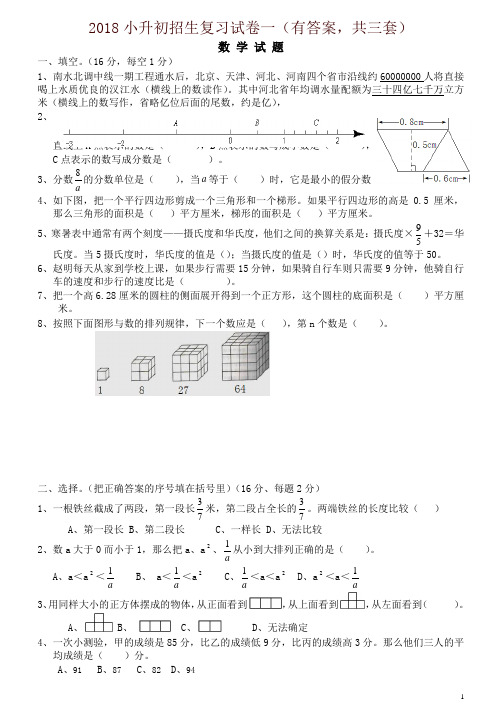 2018年小升初考试数学试卷及答案(共3份)-精