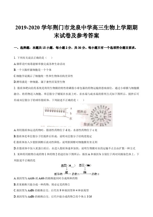 2019-2020学年荆门市龙泉中学高三生物上学期期末试卷及参考答案