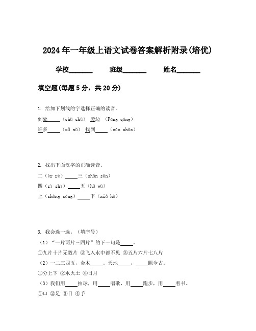 2024年一年级上语文试卷答案解析附录(培优)