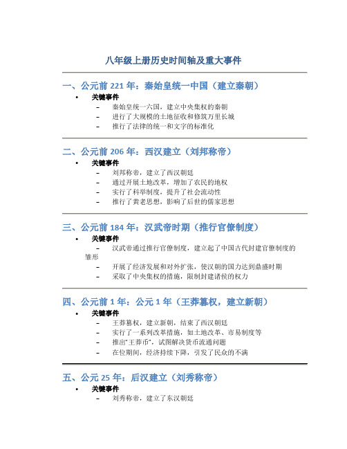 八年级上册历史时间轴及重大事件