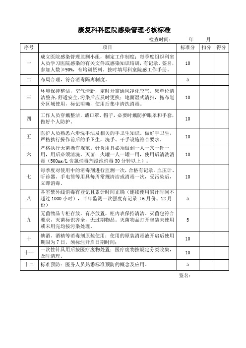 康复科医院感染管理考核标准 - 副本 - 副本