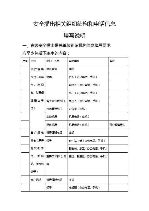 安全播出相关组织结构和电话信息填写说明