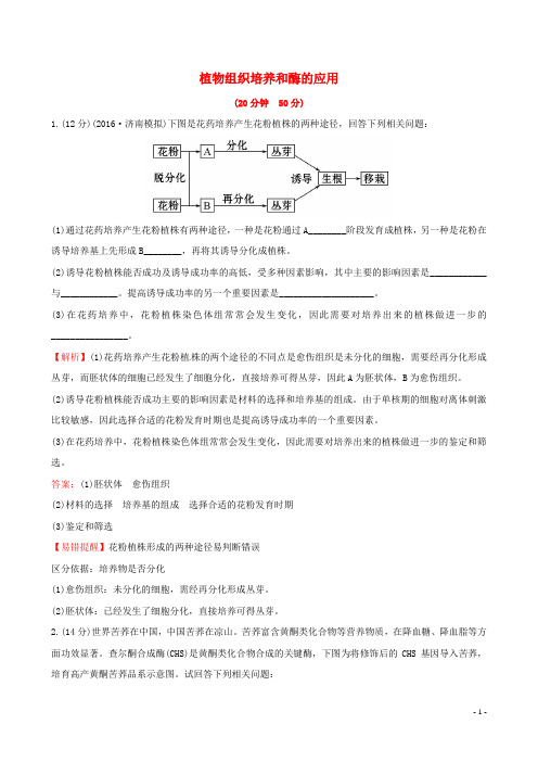 高考生物一轮复习专题3植物组织培养和酶的应用课时提升作业新人教版选修1