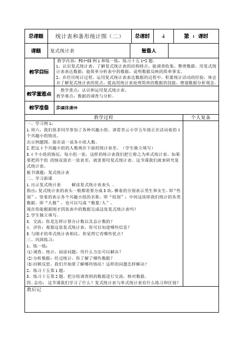 最新苏教版 小学五年级上册数学第六单元统计表和条形统计图(二)教案(表格式)