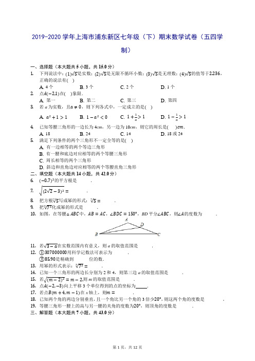 2019-2020学年上海市浦东新区七年级(下)期末数学试卷(五四学制) (含答案解析)