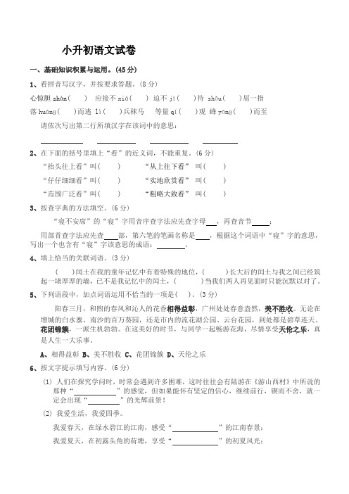 2017年小升初语文试卷及答案