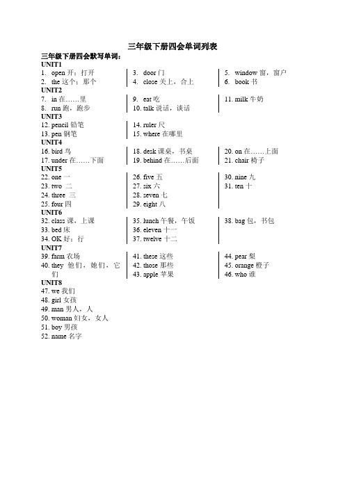 译林小学英语3B四会单词归纳及默写