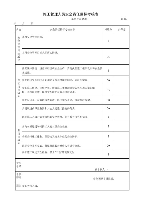 施工管理人员安全责任目标考核表