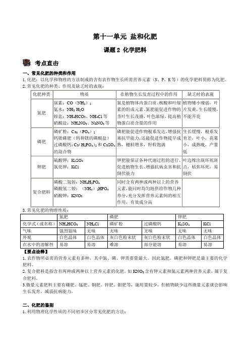 课题2化学肥料-2021-2022学年九年级化学下册尖子生必备考点(人教版)