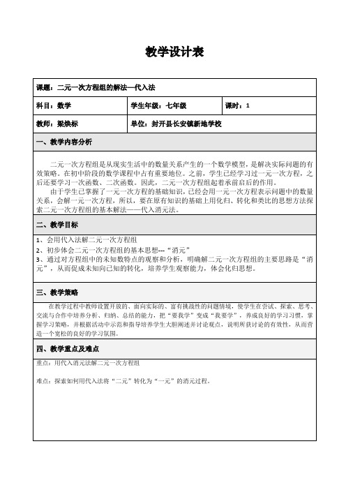 数学人教版七年级下册二元一次方程组的解法—代入法