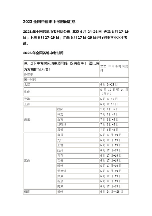 2023全国各省市中考时间汇总