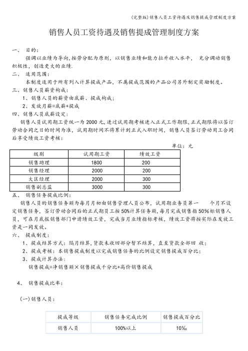 (完整版)销售人员工资待遇及销售提成管理制度方案