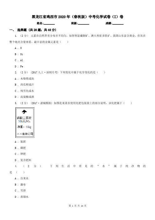 黑龙江省鸡西市2020年(春秋版)中考化学试卷(I)卷