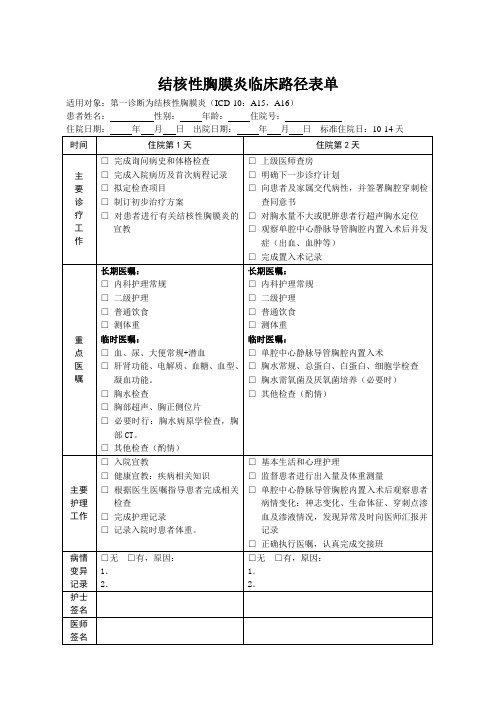 结核性胸膜炎,临床路径表单