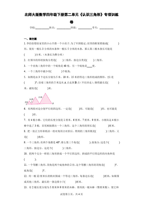 北师大版数学四年级下册第二单元《认识三角形》专项训练卷(含答案解析)