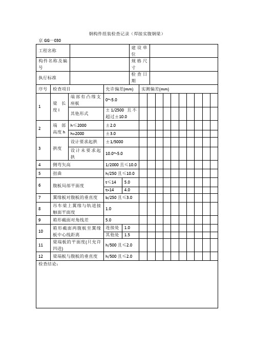 钢构件组装检查记录(焊接实腹钢梁)