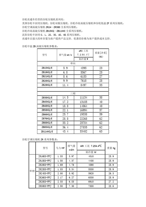 谷轮压缩机参数表.