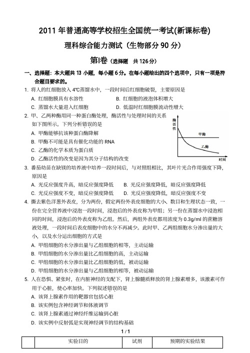 2011年全国高考I理综生物试题及答案(新课标全国卷)