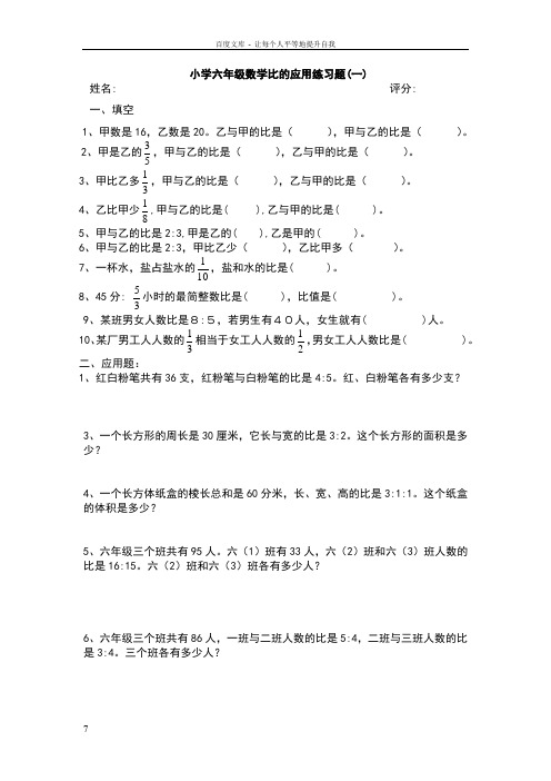 小学六年级数学比的应用练习题