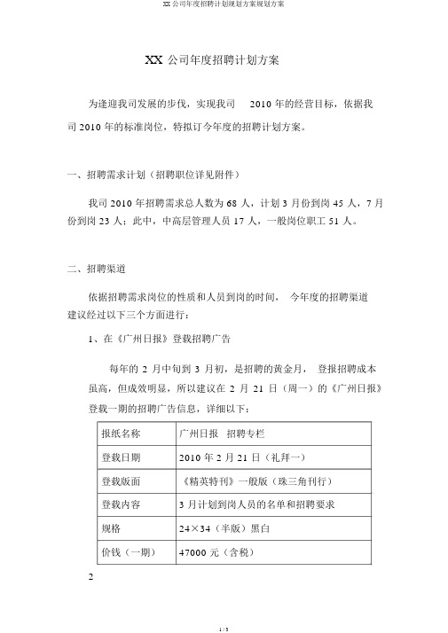 XX公司年度招聘计划规划方案规划方案