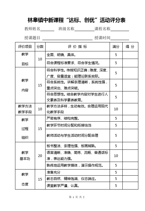 青年教师优质课竞赛评分表