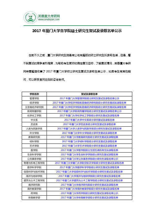 2017年厦门大学各学院硕士研究生复试及录取名单公示