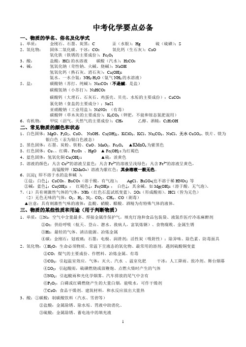 中考化学要点必备(俗名、颜色、用途等)