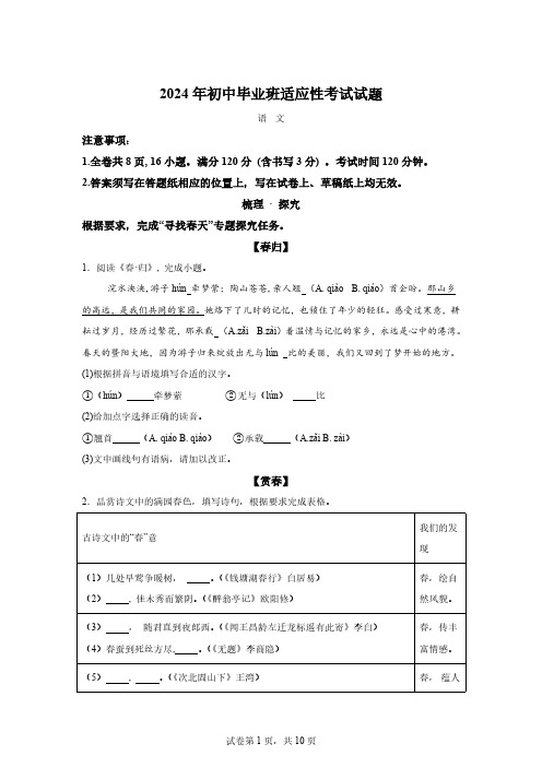 2024年浙江省绍兴市中考一模语文试题【附答案】