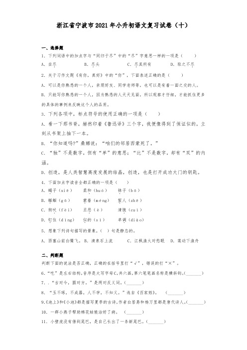 统编版六年级语文下册试题 浙江省宁波市2021年小升初语文模拟试卷(十)(附答案)