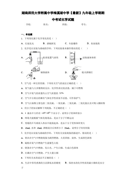 湖南师范大学附属中学梅溪湖中学2021届九年级上学期期中考试化学试题