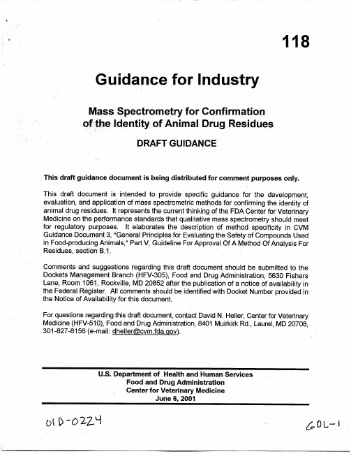 FDA-guidance for industry-Mass Spectrometry for Confirmation of the Identity of Animal Drug Residues