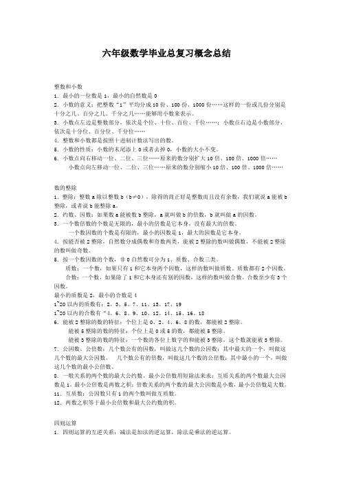 六年级数学毕业总复习概念总结