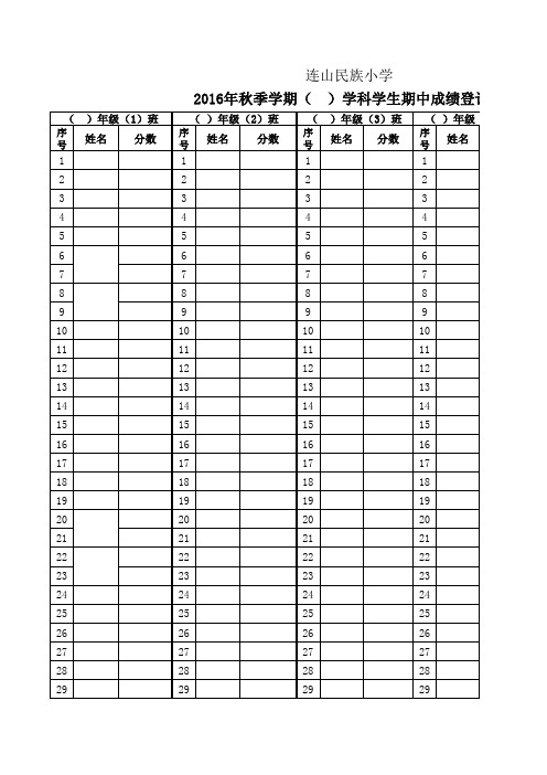 2016年秋季学期学科期中质检学生个人成绩表