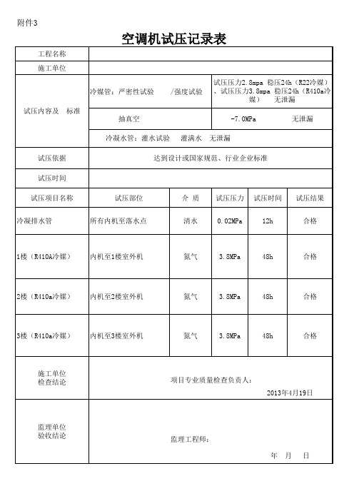 空调试压记录表