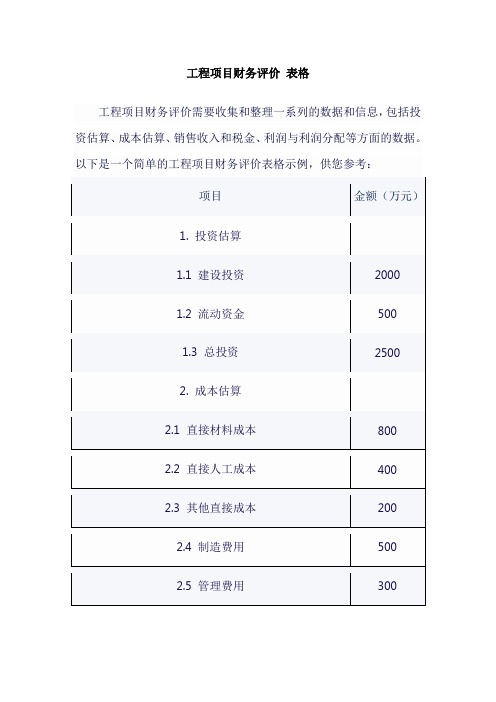 工程项目财务评价 表格