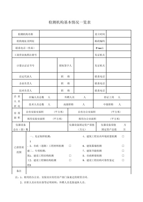 检测机构基本情况一览表