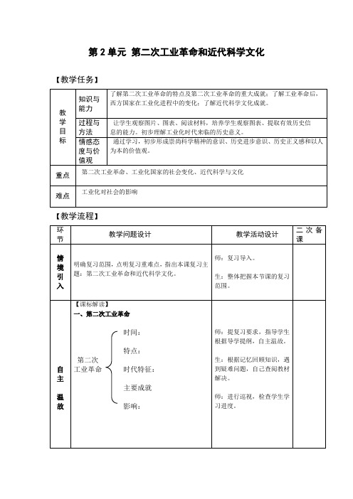 九年级历史下册-第二单元 第二次工业革命和近代科学文化 复习【教案】