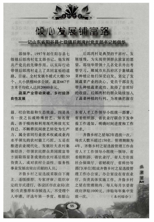 倾心发展铺富路——记山东省阳谷县七级镇后郎湾村党支部书记郎佃华