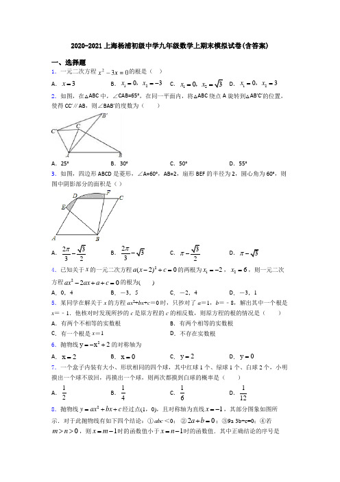 2020-2021上海杨浦初级中学九年级数学上期末模拟试卷(含答案)