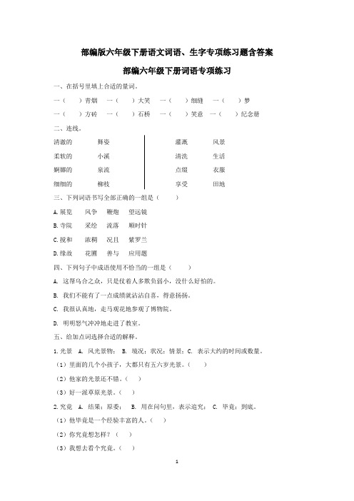 部编版六年级下册语文词语、生字专项练习题含答案