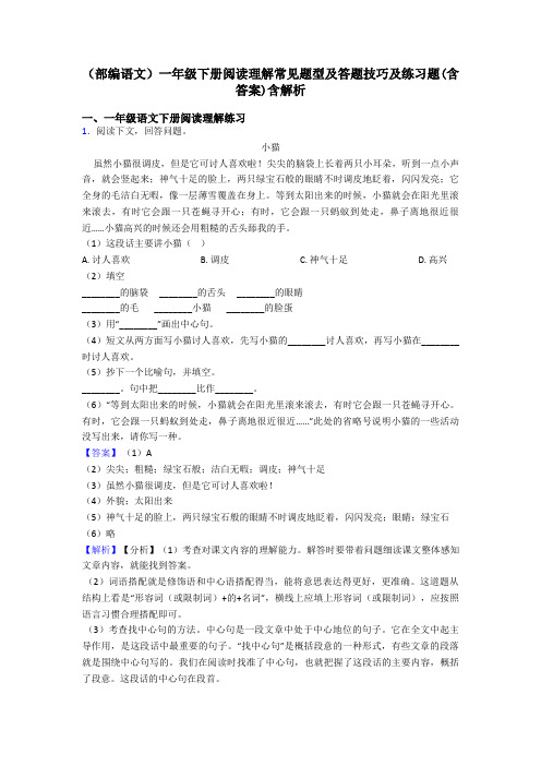 一年级(部编语文)一年级下册阅读理解常见题型及答题技巧及练习题(含答案)含解析