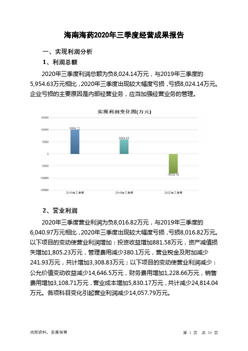 海南海药2020年三季度经营成果报告