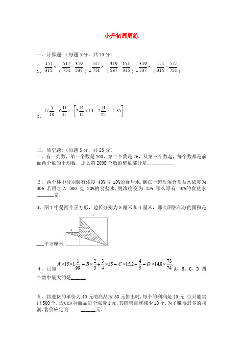 六年级数学 小升初周周练7(无答案) 青岛版