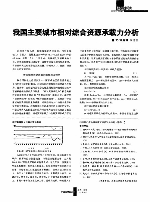 我国主要城市相对综合资源承载力分析